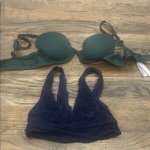 PINK Victoria's Secret Green Push-Up Bra with Navy Lace Bralette